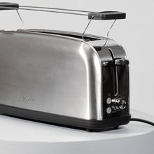 Torradeira vertical Toastin' time 850 Inox Long Steel com uma ranhura longa, potência de 850 W e suporte para pão.