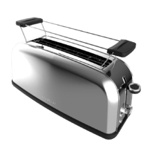 Toastin' time 850 Inox Long Tostador vertical de acero con una ranura larga, 850 W de potencia y soporte para panecillos.