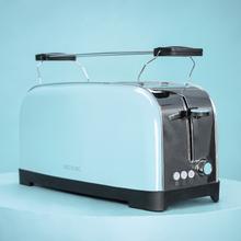 Toastin' time 850 Blue Long Vertikaler Stahltoaster mit einem langen Schlitz, 850 Watt Leistung und Brötchenhalter.