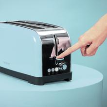 Toastin' time 850 Blue Long Grille-pain vertical en acier avec une fente longue, 850 W de puissance et support pour petits pains.