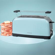 Toastin' time 850 Blue Long Grille-pain vertical en acier avec une fente longue, 850 W de puissance et support pour petits pains.