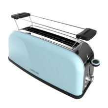 Toastin' time 850 Blue Long Grille-pain vertical en acier avec une fente longue, 850 W de puissance et support pour petits pains.