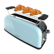 Toastin' time 850 Blue Long Vertikaler Stahltoaster mit einem langen Schlitz, 850 Watt Leistung und Brötchenhalter.