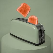 Toastin' time 850 Green Long Vertikaler Stahltoaster mit einem langen Schlitz, 850 Watt Leistung und Brötchenhalter.