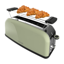 Toastin' time 850 Green Long Vertikaler Stahltoaster mit einem langen Schlitz, 850 Watt Leistung und Brötchenhalter.