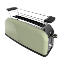 Toastin' time 850 Green Long Grille-pain vertical en acier avec une fente longue, 850 W de puissance et support pour petits pains.