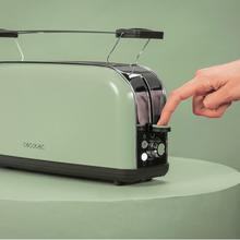 Toastin' time 850 Green Long Vertikaler Stahltoaster mit einem langen Schlitz, 850 Watt Leistung und Brötchenhalter.