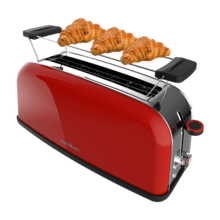 Torradeira vertical Toastin' time 850 Red Long Torradeira vertical de aço com ranhura longa, 850 W de potência e suporte para pãezinhos.