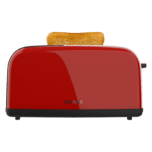Toastin' time 850 Red Long Grille-pain vertical en acier avec une fente longue, 850 W de puissance et support pour petits pains.