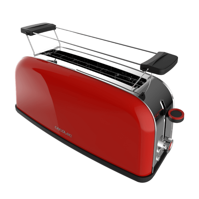 Toastin' time 850 Red Long Grille-pain vertical en acier avec une fente longue, 850 W de puissance et support pour petits pains.