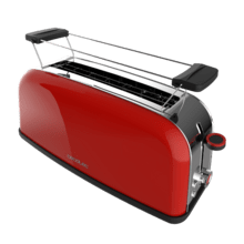 Torradeira vertical Toastin' time 850 Red Long Torradeira vertical de aço com ranhura longa, 850 W de potência e suporte para pãezinhos.