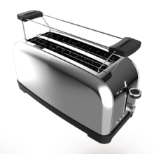 Toastin' time 1500 Inox Vertikaler Stahltoaster mit langem Doppelschlitz, 1500 W Leistung und Brötchenhalter.