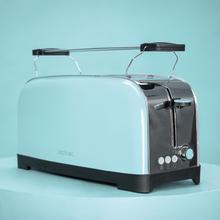 Toastin' time 1500 Blue Tostador vertical de acero con doble ranura larga, 1500 W de potencia y soporte para panecillos.