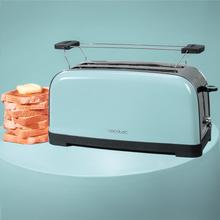 Toastin' time 1500 Bleu Grille-pain vertical en acier à double fente longue, puissance 1500 W et porte-pain.