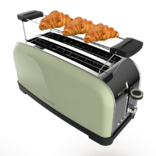 Toastin' time 1500 Green Vertikaler Stahltoaster mit langem Doppelschlitz, 1500 W Leistung und Brötchenhalter.