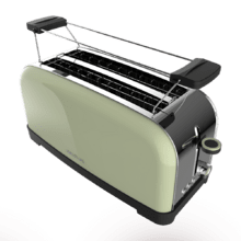 Toastin' time 1500 Green Grille-pain vertical en acier avec deux fentes longues, 1500 W de puissance et support pour petits pains.