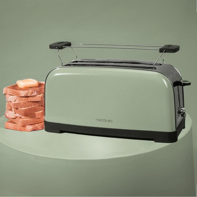 Toastin' time 1500 Green Grille-pain vertical en acier avec deux fentes longues, 1500 W de puissance et support pour petits pains.