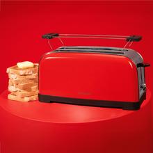 Toastin' time 1500 Rouge Grille-pain vertical en acier avec double fente longue, puissance 1500 W et porte-pain.