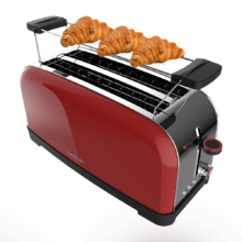 Torradeira vertical Toastin' time 1500 Red Steel com ranhura dupla longa, potência de 1500 W e suporte para pão.