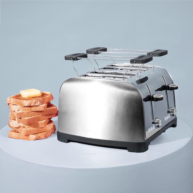 Toastin' time 1700 Double Inox Grille-pain vertical en acier avec quatre fentes courtes, 1700 W de puissance et support pour petits pains.