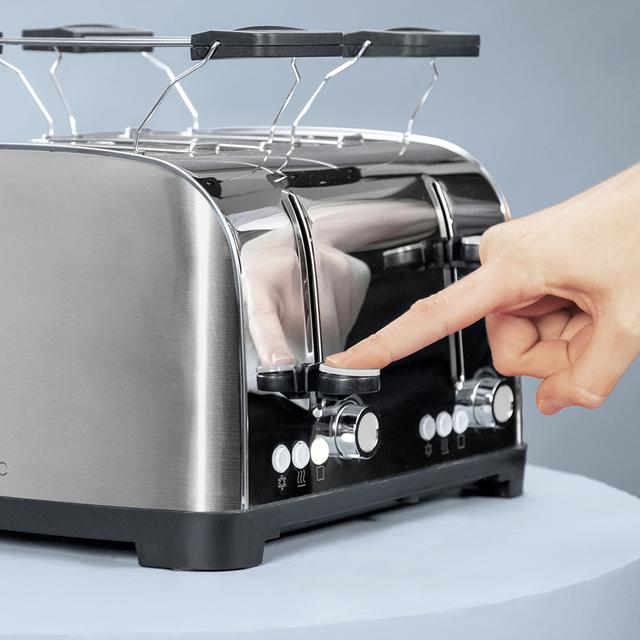 Toastin' time 1700 Double Inox Grille-pain vertical en acier avec quatre fentes courtes, 1700 W de puissance et support pour petits pains.
