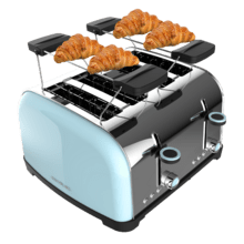 Toastin' time 1700 Double Blue Grille-pain vertical en acier avec quatre fentes courtes, 1700 W de puissance et support pour petits pains.