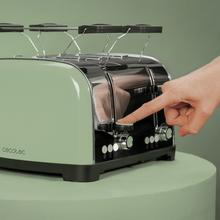 Toastin' time 1700 Double Green Tostador vertical de acero con cuatro ranuras cortas, 1700 W de potencia y soporte para panecillos.