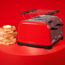 Toastin' time 1700 Double Red Vertikaler Stahltoaster mit vier kurzen Schlitzen, 1700 W Leistung und Brötchenhalter.