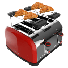 Torradeira vertical Toastin' time 1700 Double Red Steel com quatro ranhuras curtas, 1700 Watt de potência e suporte para pão.