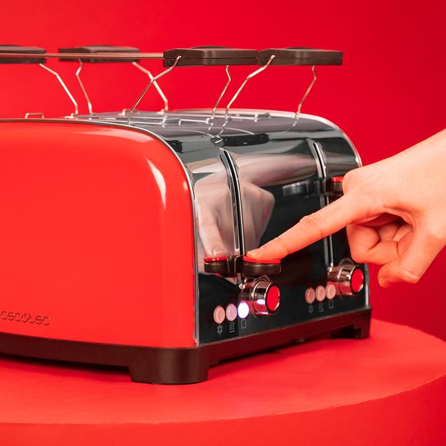 Toastin' time 1700 Doppio tostapane verticale in acciaio rosso con quattro fessure corte, potenza di 1700 Watt e porta panini.