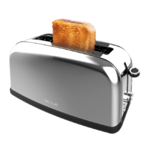 Toastin' time 850 Inox Long Lite Vertikaler Stahltoaster mit einem langen Schlitz und 850 W Leistung.