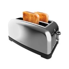 Toastin' time 1500 Inox Life Vertikaler Toaster aus Stahl mit langem Doppelschlitz und 1500 W Leistung.