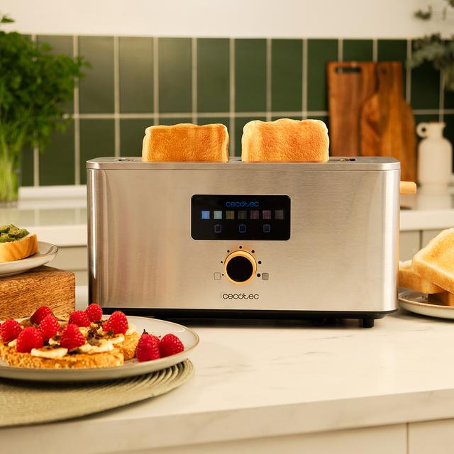 Grille-pain Touch&Toast Extra Vertical en acier avec fente longue, écran tactile et 1000 W de puissance.