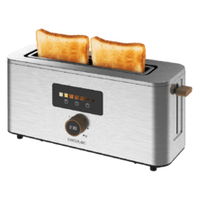 ‌Touch&Toast Extra Torradeira vertical de aço com ranhura longa, ecrã tátil e 1000 W de potência.