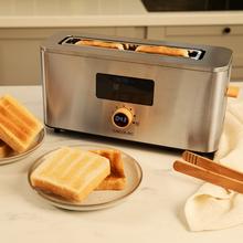 ‌Touch&Toast Extra Torradeira vertical de aço com ranhura longa, ecrã tátil e 1000 W de potência.