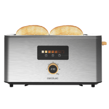 Tostapane Touch&Toast Extra Verticale in acciaio con fessura lunga, touch screen e 1000 W di potenza.