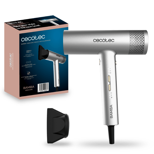 Secador de pelo CECOTEC Bamba IoniCare RockStar Aluminum con caja y boquilla concentradora