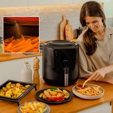 Cecofry Rain M Friteuse à air de 5,5 litres de capacité avec pulvérisateur d'huile intégré, pulvérisation automatique et manuelle avec 7 niveaux. Technologie avancée d’air chaud, avec 1550 W, panneau de contrôle tactile multifonction, thermostat réglable, fonction d’auto-nettoyage, 8 menus préconfigurés et grille de sécurité.