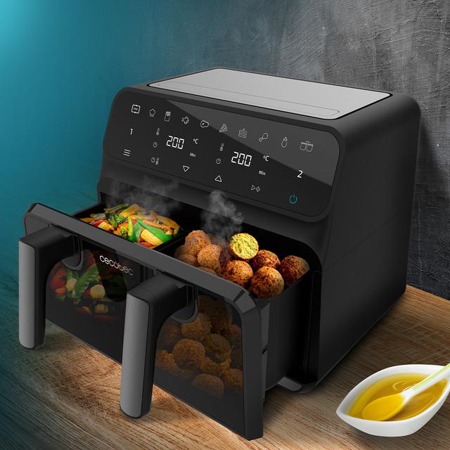 Cecotec Digitale Airfryer van 9L - Airfryer Cecofry Advance 9000 Inox. 2800W, 2 Bakken van 4,5L, Duale Temperatuur, Regelbare Temperatuur van 80-200 ºC, 7 Programma's, Multifunctioneel Aanraakpaneel