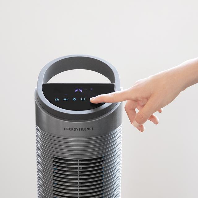 Rafraîchisseur d’air par évaporation colonne EnergySilence 2000 Cool Tower Smart. Avec 60 W de puissance, 2 L de capacité du réservoir, 3 vitesses, 3 modes avec oscillation, minuterie et écran tactile