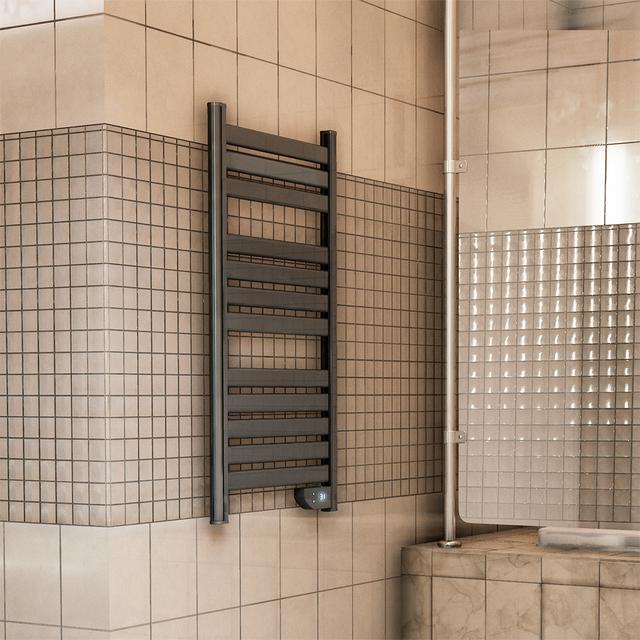 Scaldasalviette a basso Consumo Ready Warm 9050 Twin Towel Inox. Scaldasalviette da 500 W, IP24, 2 modalità, Timer, Display LED, Design Moderno, Kit di installazione