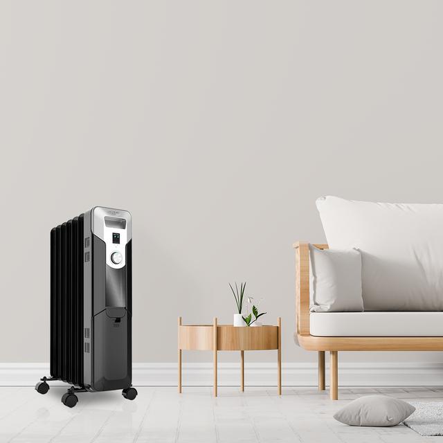 Ready Warm 5620 Space Black. Radiador Eléctrico de Aceite 360º con 7 Módulos, Bajo Consumo, 1500 W, 3 Niveles de Potencia, Protección contra sobrecalentamiento y antivuelco, Ruedas, 15 m2