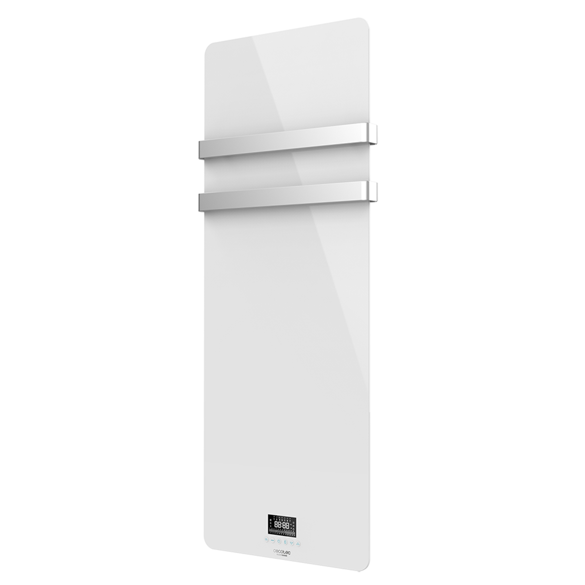 Sèche-serviettes électrique à faible consommation Ready Warm 9870 Crystal Towel White. 850W, écran LED, double étendoir en acier inoxydable, minuterie hebdomadaire, télécommande et protection IP24
