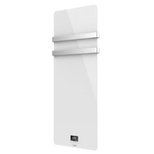 Sèche-serviettes électrique à faible consommation Ready Warm 9870 Crystal Towel White. 850W, écran LED, double étendoir en acier inoxydable, minuterie hebdomadaire, télécommande et protection IP24