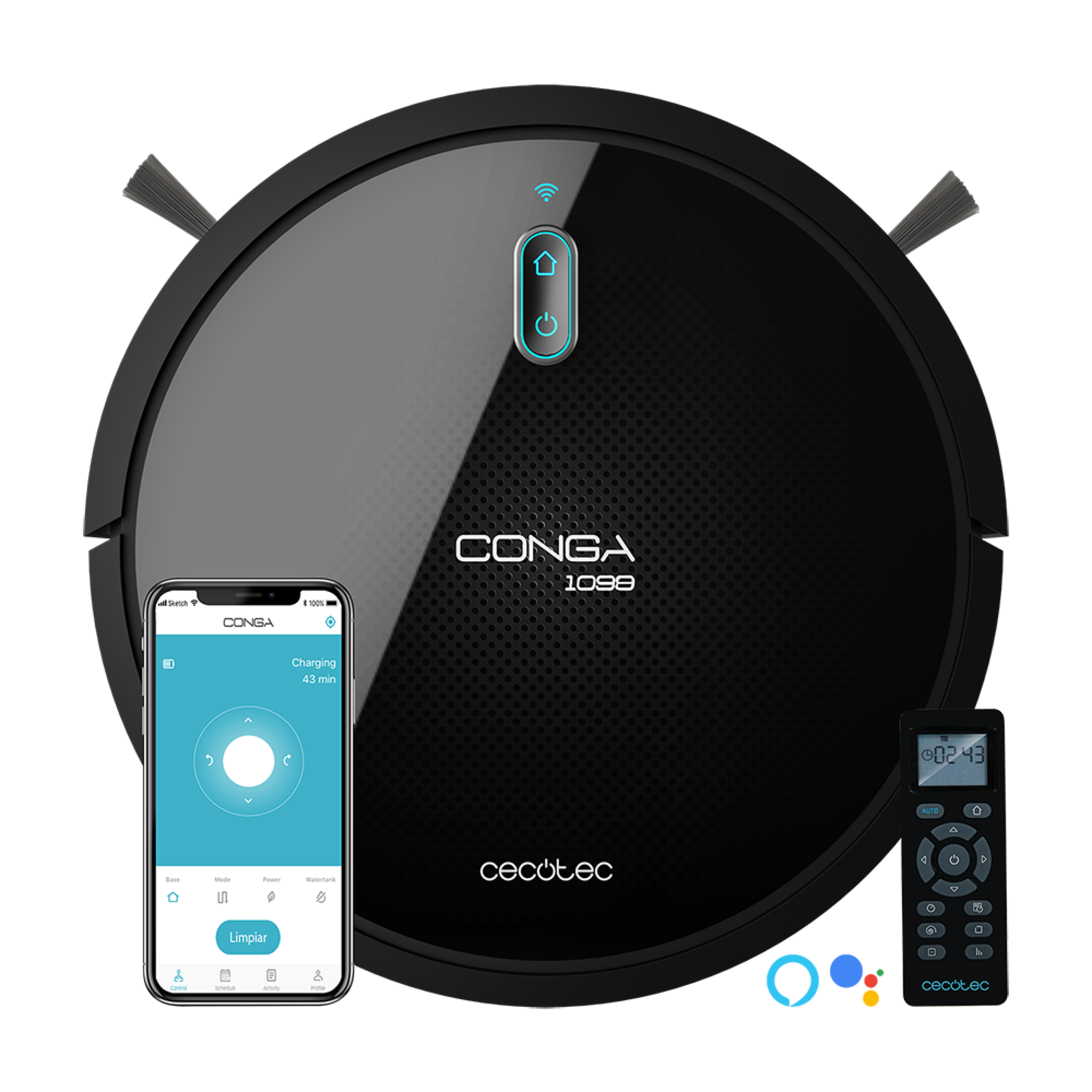 Conga Serie 1099 Connected Saugroboter 1400 Pa, Staubsauger, Kehrer, Mopp, Wischmopp, Haustierbürste, Fernbedienung, kompatibel mit Alexa und Google Home, magnetische Wand