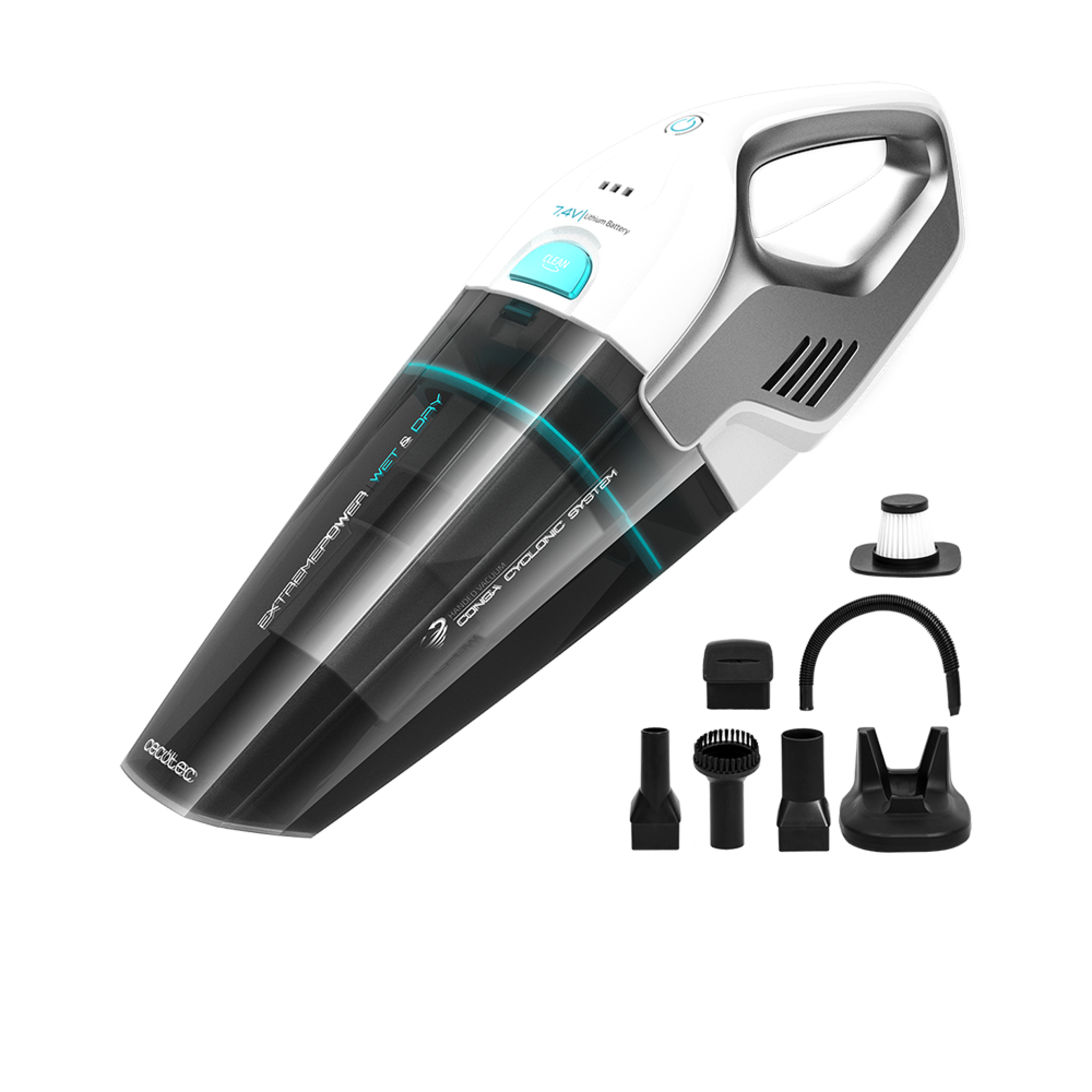 Aspirateur à main Conga Immortal ExtremeSuction 7,4 V Hand. Il aspire les solides et les liquides, léger et sans sac, autonomie jusqu'à 20 minutes, 7,4 V, technologie cyclonique