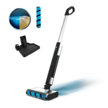 FreeGo Wash Fregona eléctrica de 40W. Con hasta 40 minutos de autonomía. Rodillo absorbente Wet Jalisco. Depósito de agua limpia de 420 ml y depósito de agua sucia de 150 ml. Pulverizador automático sobre el rodillo. Base de autolimpieza.