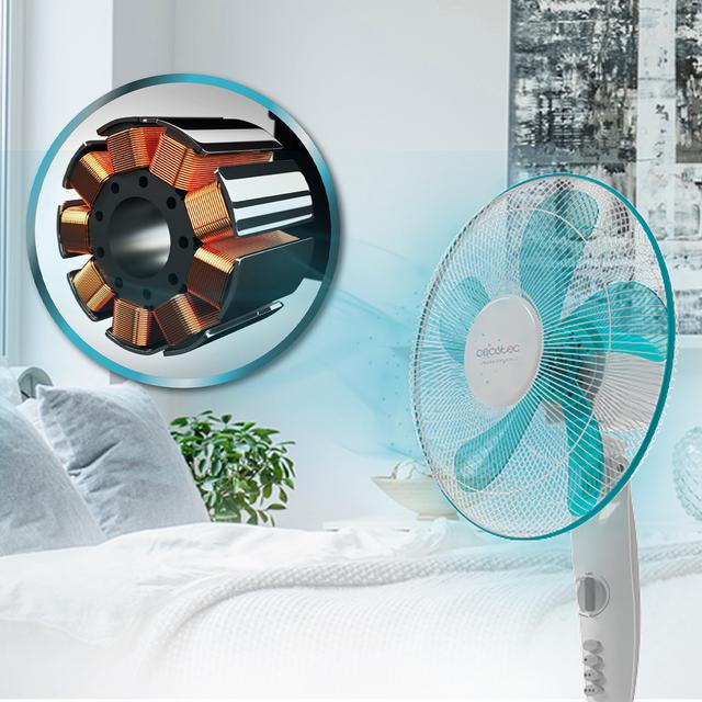 Ventilatore a piantana EnergySilence 520 Power. 5 pale 16'' (40 cm) di diametro, oscillazione, 4 velocità, regolabile (110-135 cm), motore in rame, timer 2 h, 50 W
