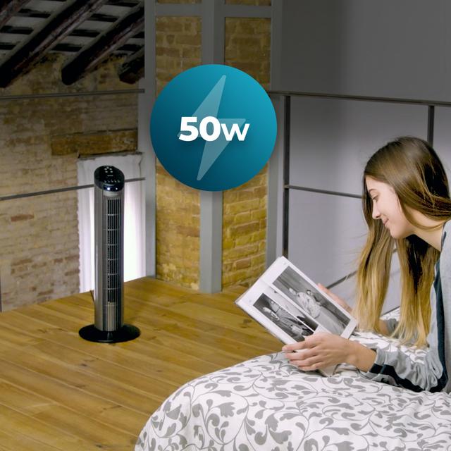 EnergySilence 890 Skyline. Ventilador de Torre Digital con Temporizador, 50 W, 30'' (76cm) de Altura, Oscilante, Motor de Cobre, 3 Velocidades, 3 Modos, Negro