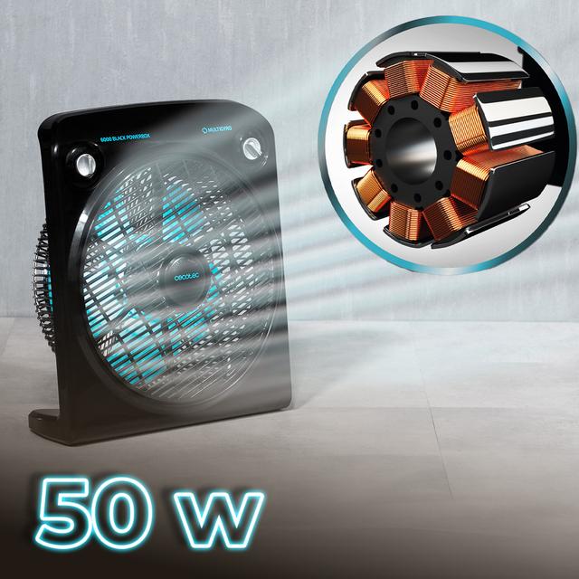 EnergySilence 6000 PowerBox Black. Ventilador de chão com temporizador, 50 W, 5 pás de 30 cm de diâmetro, 3 velocidades, motor de cobre, grelha rotativa, preto